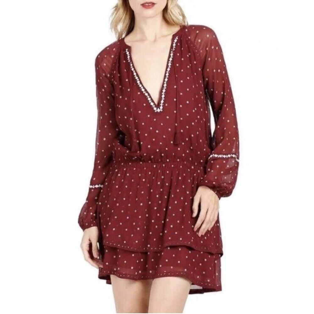 PAIGE size Small Mini Dress Cherry Red Shanti Long Sleeve Polka Dot Embroidered